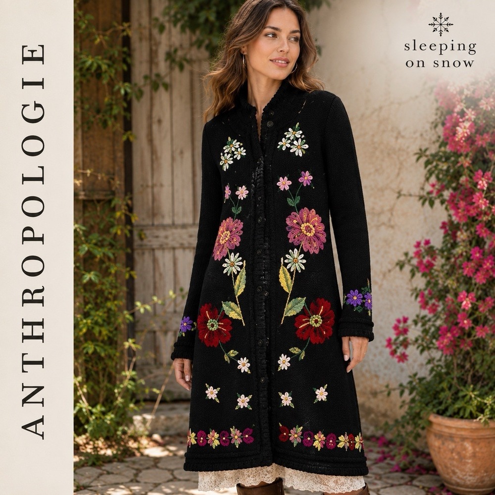 Anthropologie Sleeping on Snow Floral Embroidered Merino Wool Duster Cardigan S
